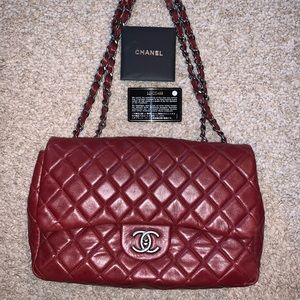 Chanel jumbo classic lambskin pewter burgundy red